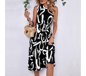 Vestido de verano para mujer, vestidos elegantes con hombros inclinados y estampado de letras de temperamento S negro