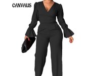 Traje informal de dos piezas con manga acampanada y cuello en V para mujer, traje informal de moda, primavera y otoño S negro