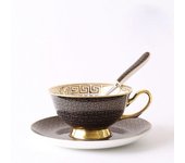 Juego de taza y platillo de porcelana de hueso, taza de café de rejilla blanca/negra, vajilla con incrustaciones de borde dorado, regalo, 1 Juego negro