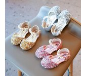 Novedad de verano, zapatos de moda para chicas, zapatos de princesa brillantes con diamantes de imitación, zapatos individuales con Velcro, zapatos de baile con lentejuelas y perlas 29 color rosa
