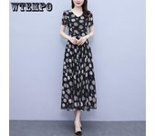 WTEMPO Vestido de verano de talla grande para mujer, vestido de playa con estampado de vacaciones, vestido de temperamento con cintura y cintura, vestido Floral suelto XL negro