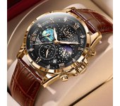 LIGE, nuevo reloj de moda para hombre, reloj de cuarzo de cuero con cielo estrellado de negocios de lujo para hombre, reloj de pulsera resistente al agua con brillo nocturno, reloj con código de sincronización de fecha automática negro/oro rosa