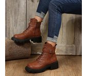Botas de moto con plataforma y punta redonda para mujer, zapatos de moda con cordones, botines cortos de caballero estilo retro para otoño e invierno 35 gris