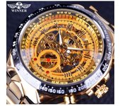 T-Winner Reloj mecánico automático hueco de acero dorado con personalidad para hombre