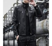 Chaqueta de cuero de PU para hombre, chaqueta de cuero de motocicleta para hombre Punk con cuello levantado grueso y felpa juvenil de moda para hombre M