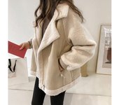 Otoño e invierno nuevo abrigo de lana de cordero con solapa grande chaqueta suelta para mujer M almendra