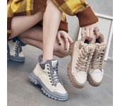 Botas de nieve de moda de invierno para mujer, zapatos de piel auténtica de piel gruesa, botas con cordones y punta redonda 35 gris