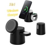 Cargador inalámbrico magnético plegable 3 en 1, base de carga rápida de 3 estaciones para iPhone 16, 15, 14, 13 Pro Max, iWatch y AirPods blanco