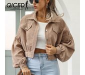 Chaquetas y abrigos de cuello tipo polo de manga larga con estampado de color sólido informal vintage para mujer de QICED para otoño e invierno M borgoña