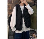 Chaqueta ligera japonesa de verano para fotografía al aire libre, funcional, con chaleco multibolsillos para hombre M negro
