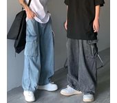 Pantalones vaqueros cargo de verano para hombre, pantalones vaqueros de pierna ancha y rectos con múltiples bolsillos, pantalones vaqueros holgados retro, ropa de calle L gris