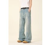 Pantalones vaqueros de color claro lavados de estilo urbano americano para hombre y mujer, de pierna recta, ligeramente acampanados, holgados y de pierna ancha, para otoño e invierno. S azul