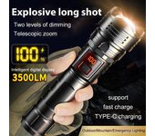 Linterna LED de 3500 lúmenes, superbrillante, recargable, portátil, ultra potente, lámpara de mano con zoom digital retráctil para acampar al aire libre 1000LM
