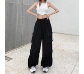 Pantalones deportivos casuales para mujer 2023, pantalones técnicos, pantalones de cintura baja sólidos, pantalones holgados de pierna ancha con cordón, pantalones deportivos de gran tamaño Y2k S negro