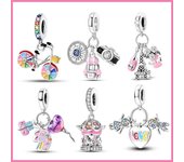 Feliz cumpleaños, Color rosa, cámara de viaje, brújula, abalorios coloridos para bicicleta, apto para pulsera, fabricación de joyas Diy blanco