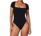 Body de manga corta para mujer, tipo tanga con doble forro, camiseta de cuello cuadrado, tops para salir, leotardos ajustados informales XS negro