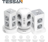 TESSAN-torre de regleta de múltiples tomas de corriente con 3/4 puertos USB, Cable de extensión de 2M, enchufe Vertical, protección contra sobretensiones para el hogar 8 Outlet&4 USB Ports gris