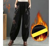 Pantalones vaqueros de estilo étnico acolchados de invierno para mujer, pantalones con cintura elástica estampada, pantalones tipo farol, pantalones arlequín, pantalones de pierna ancha M negro