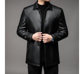 Chaqueta de cuero de terciopelo para hombre, chaqueta de cuero con solapa nueva de otoño e invierno, chaqueta de cuero informal holgada para papá M negro