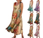 Vestidos casuales de verano para mujer, vestido sin mangas con estampado floral, camiseta plisada, vestido de algodón con bolsillos L azul oscuro