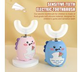 Cepillo de dientes eléctrico en forma de U para niños, resistente al agua IPX7, 2 modos, ajustable, 360 grados de limpieza, diseño de dinosaurio de dibujos animados, recargable para niños y niñas azul