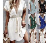 Vestido de verano para mujer, vestidos lisos de manga corta con encaje y cuello en V 3XL blanco