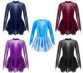 Maillot de patinaje brillante para niñas, manga larga, cuello redondo, espalda hueca, diseño de malla con diamantes de imitación 5-6 Years azul marino