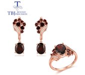 12ct granate rojo natural Joystone plata Joyería set Anillo Pendiente corte ovalado 8 * 10 mm joyería fina para mujeres mamá bonito regalo us ring size 6# rojo