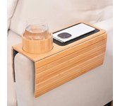 Bandeja de bambú para reposabrazos de sofá con portavasos, bandeja organizadora antideslizante para sofá, mesa plegable para bebidas y control remoto para teléfono.