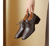 Krazing Pot Zapatos de tacón medio gruesos con punta redonda de cuero de vaca para primavera, zapatos Brogues de talla grande 43 con cordones para mujer 34 marrón