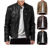 Chaqueta de cuero de moda para hombre, abrigo ajustado con cuello alto de PU, resistente al viento, con solapa para motocicleta, con cremallera diagonal, ropa de abrigo S