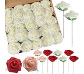 25 unidades/1 paquete de flores artificiales de rosas falsas con tallos para decoración del hogar, boda, flores artificiales, ramo de novia, decoración del hogar blanco