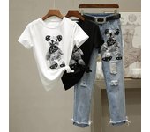 Traje de primavera y verano de dos piezas con camiseta de dibujos animados y vaqueros rotos de nueve puntos. XXXL blanco