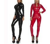 Body de charol brillante con abertura frontal para mujer, mono ajustado con cordones y cuello alto con cremallera L rojo