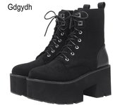 Botas de moto con cordones para mujer, botas Punk de otoño, zapatos de plataforma de invierno de felpa con tacón cuadrado en el interior, gamuza 34 negro