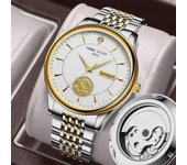 Reloj automático Jinlong para hombre con fondo transparente y correa con cierre de mariposa.