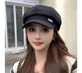 Versión coreana de Ins, gorro octogonal con textura de cuadrícula, boina con logotipo de metal para otoño e invierno, gorro informal artístico y sencillo para vendedor de periódicos. M（56-58cm） negro
