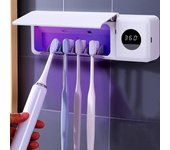 Esterilizador de cepillos de dientes con luz ultravioleta, pantalla LCD, 4 ranuras, recargable por USB, soporte para cepillos de dientes montado en la pared con ventilador turbo calefactor, limpiador de cepillos de dientes inalámbrico blanco