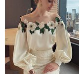Primavera otoño malla Patchwork satén blusa elegante camisa bordada cuello redondo Tops manga larga linterna ropa de mujer 24976 L beige