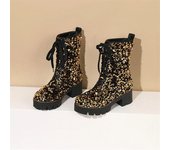 ANNYMOLI, botas cortas hasta el tobillo para mujer, punta redonda, tacones medios gruesos, botas brillantes con cordones, botas de combate, zapatos de moda para mujer, invierno 43 34 negro