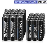 PALO 12 pilas AA de 1,2 V, 3000 mAh, pilas AA recargables y 12 pilas AAA de 1100 mAh, batería recargable NI-MH 3A negro