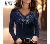 Blusas y camisas de cuello en V de manga larga de otoño e invierno informales de moda para mujer de HNXC S negro