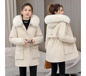 Parka de felpa de invierno de longitud media para mujer, chaqueta de algodón con cintura suelta M caqui