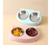 Cuenco doble de plástico para mascotas Macaron, bandeja para beber comida para perros y gatitos, comedero para gatos, suministros para mascotas, accesorios verde