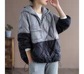 Chaqueta acolchada de algodón de talla grande para mujer, chaqueta de invierno Tide Ins para mujer, chaqueta holgada con capucha y empalme de colores contrastantes, chaqueta acolchada de algodón L [100-70kg] gris