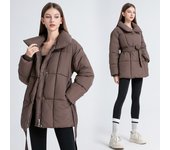 Chaqueta acolchada coreana para mujer, ropa de invierno con cuello alto, abrigo acolchado de algodón para invierno con cinturón, prendas de vestir exteriores para mujer M negro