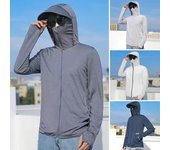 Ropa de protección solar de verano para hombre, abrigo con capucha y cordón de manga larga con protección UV, tapeta con cremallera de Color sólido, ropa de pesca Anti-UV L gris claro