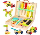 Caja de herramientas de madera para niños, juguetes Montessori, juegos educativos, caja de herramientas, juguete para niños, regalo para niñas, niños de 2, 3, 4, 5, 6 años, 34 piezas 22.5*18*5.5cm
