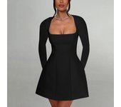 Vestido de manga larga con cuello cuadrado ajustado e informal de temperamento de otoño para mujer S negro