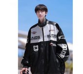 Chaqueta de cuero con traje de motociclista con bloques de color americano de otoño para hombre, chaqueta holgada y elegante versátil de primavera y otoño S negro